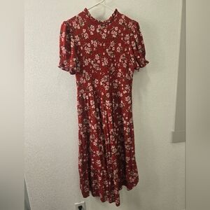 Floral Puff-Sleeve Midi Dress Womens L size